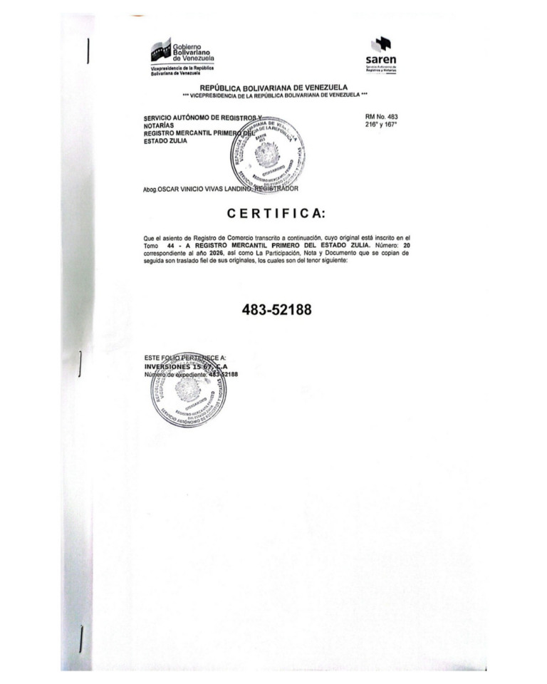 Registro Mercantil Inversiones 15 67, C.A Expediente Nro 483-52188