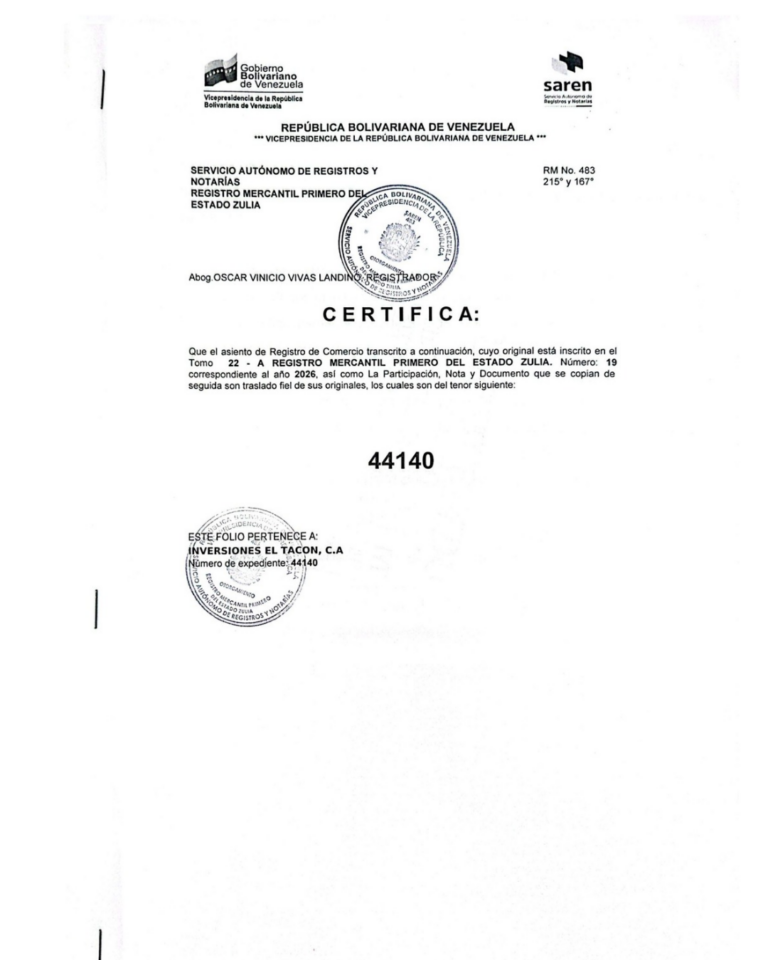 Registro Mercantil Inversiones El Tacón, C.A Expediente Nro 44140