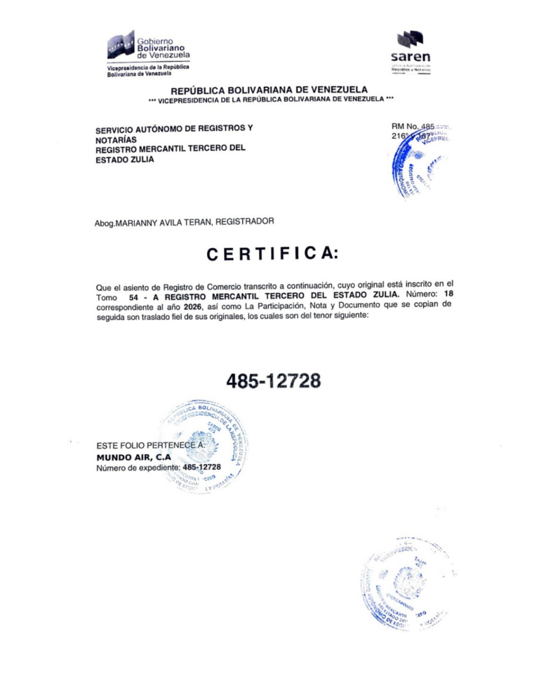 Registro Mercantil Mundo Air, CA Expediente Nro 485-12738