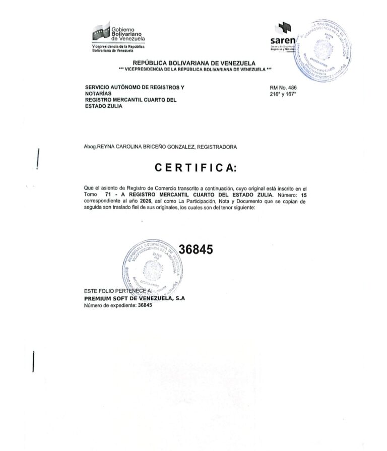 Registro Mercantil Premium Soft de Venezuela, S.A Expediente Nro 36845