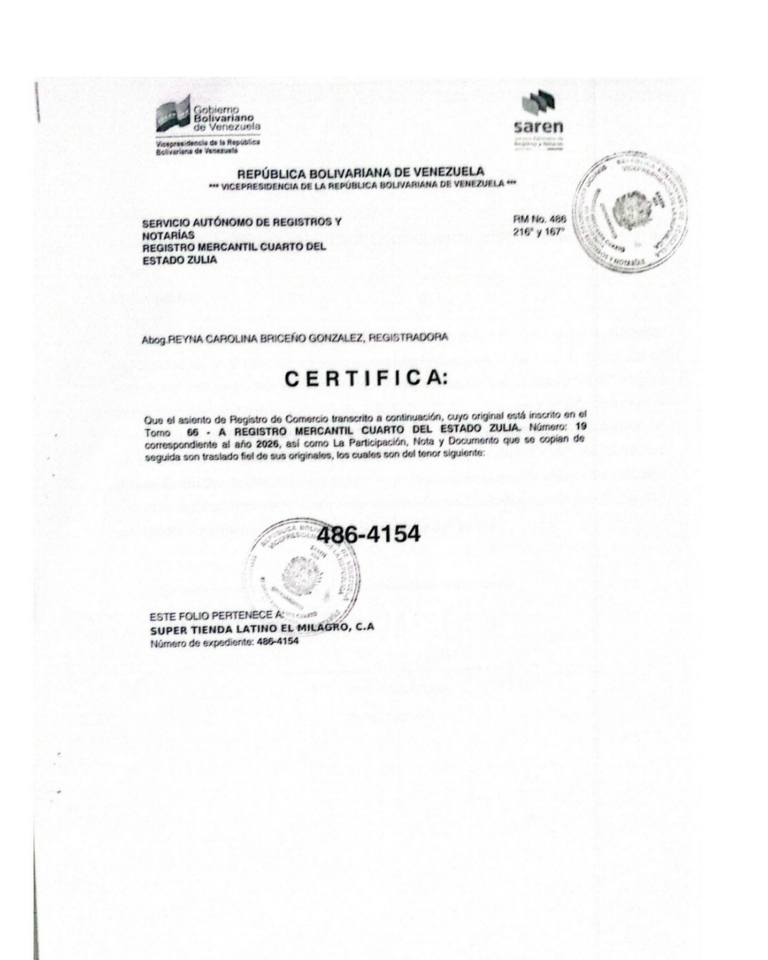 Registro Mercantil Súper Tienda Latino El Milagro, C.A