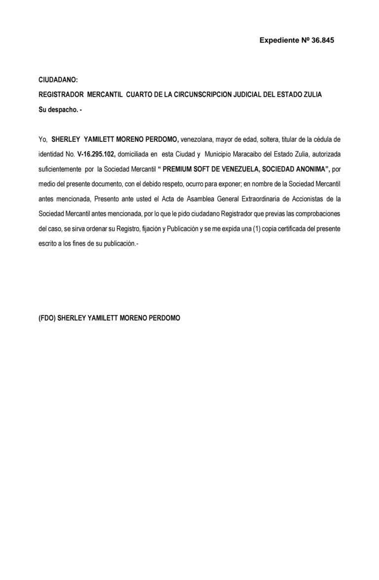 Acta de Asamblea Extraordinaria de Accionistas Premium Soft de Venezuela, S.A Expediente Nro 36.845