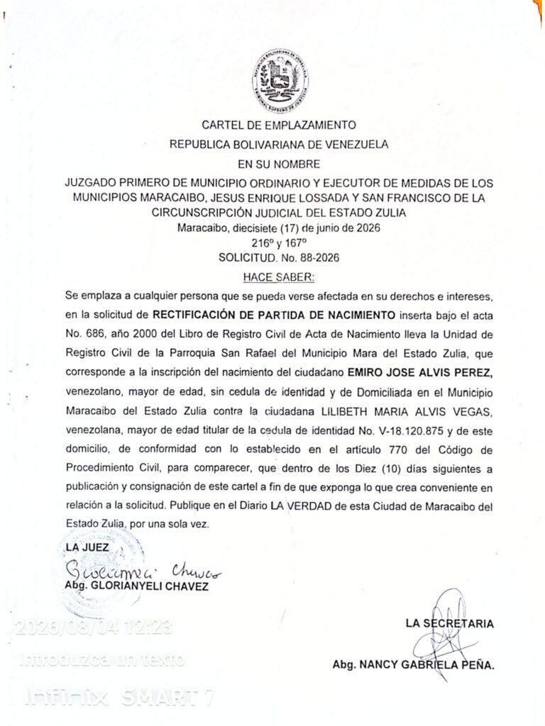 Cartel de Emplazamiento Solicitud Nro 88-2026