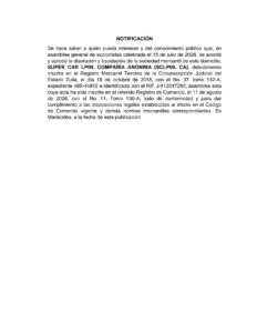 Cartel de Notificación Liquidación de Sociedad Mercantil Super Car LP09 C.A