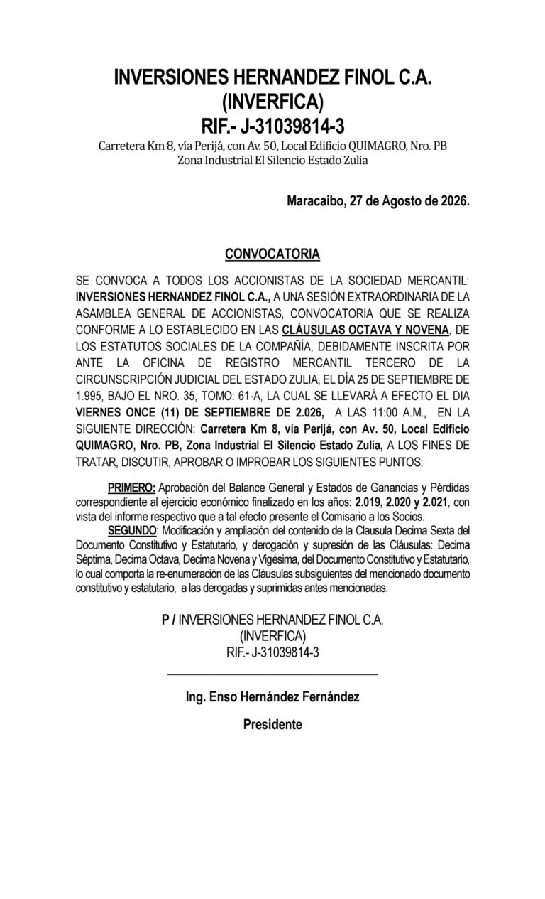Convocatoria Asamblea Extraordinaria de Accionistas Inversiones Hernández Finol, C.A