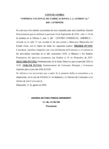 Convocatoria Asamblea General Extraordinaria de Accionistas Empresa Nacional de Fabricaciones, C.A