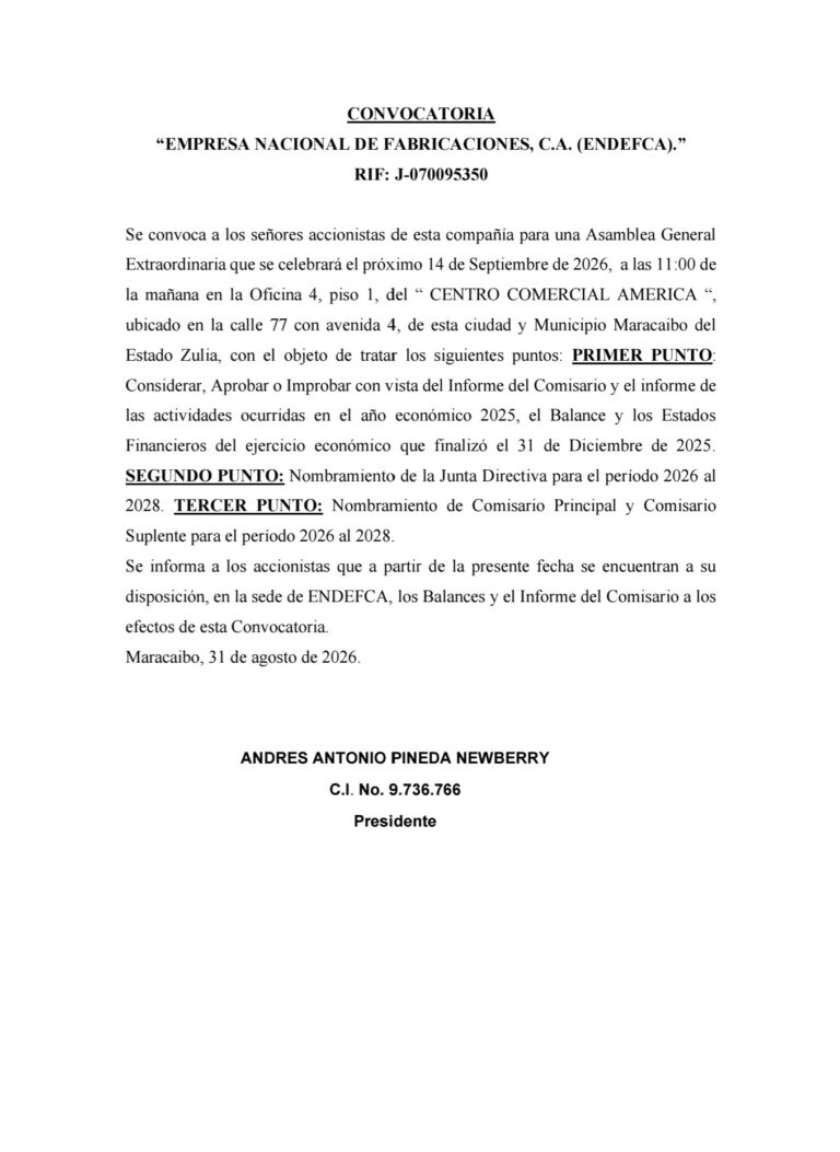 Convocatoria Asamblea General Extraordinaria de Accionistas Empresa Nacional de Fabricaciones, C.A