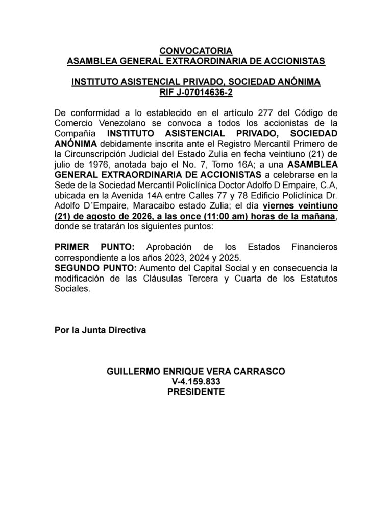 Convocatoria Asamblea General Extraordinaria de Accionistas Instituto Asistencial Privado S.A 2023-2024-2025