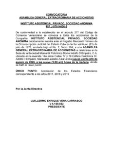 Convocatoria Asamblea General Extraordinaria de Accionistas Instituto Asistencial Privado S.A 2017-2018-2019
