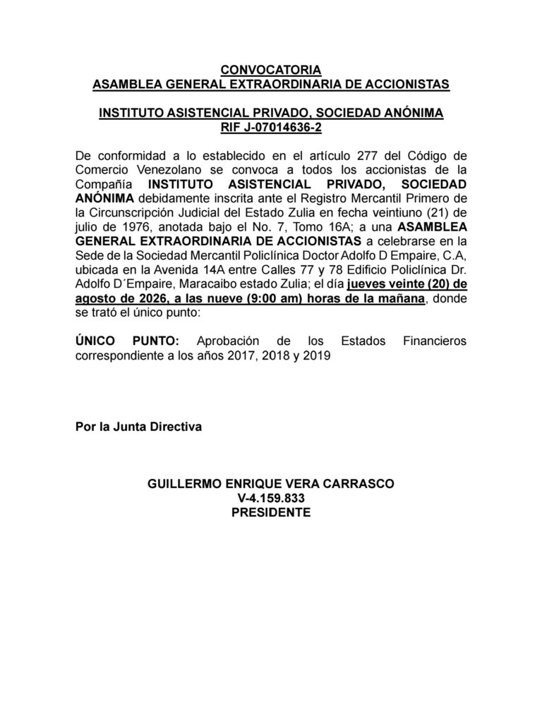 Convocatoria Asamblea General Extraordinaria de Accionistas Instituto Asistencial Privado S.A 2017-2018-2019