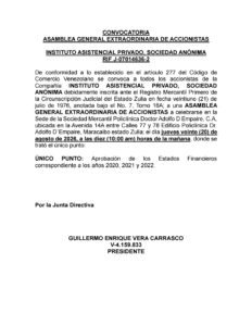 Convocatoria Asamblea General Extraordinaria de Accionistas Instituto Asistencial Privado S.A 2020-2021-2022