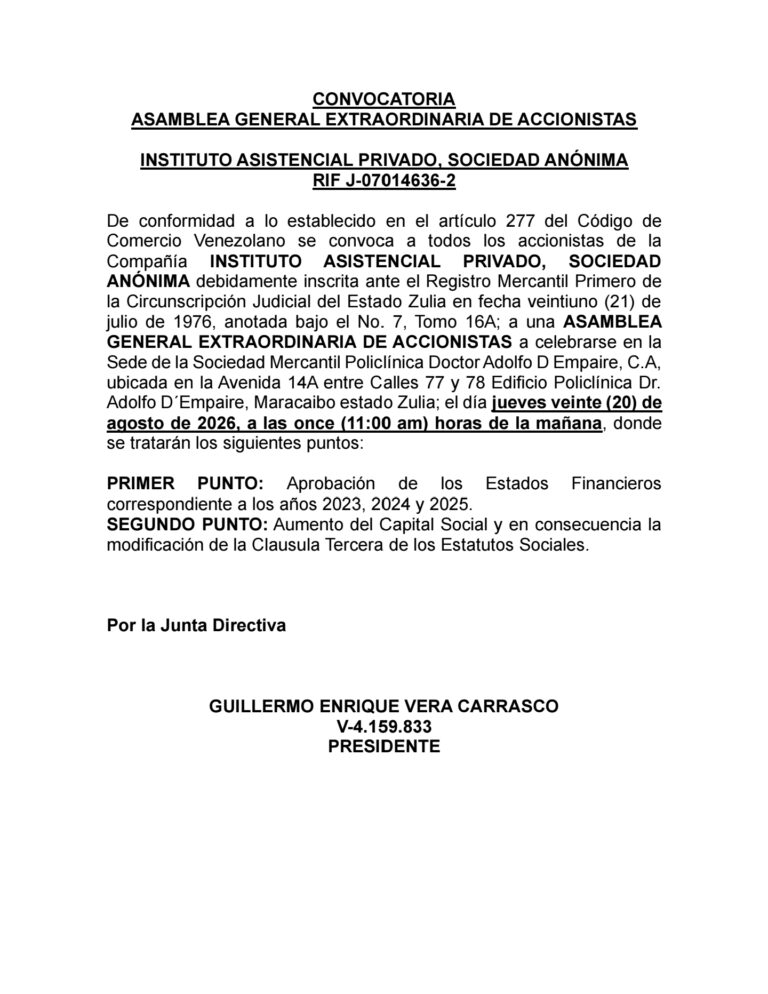 Convocatoria Asamblea General Extraordinaria de Accionistas Instituto Asistencial Privado S.A 2023-2024-2025