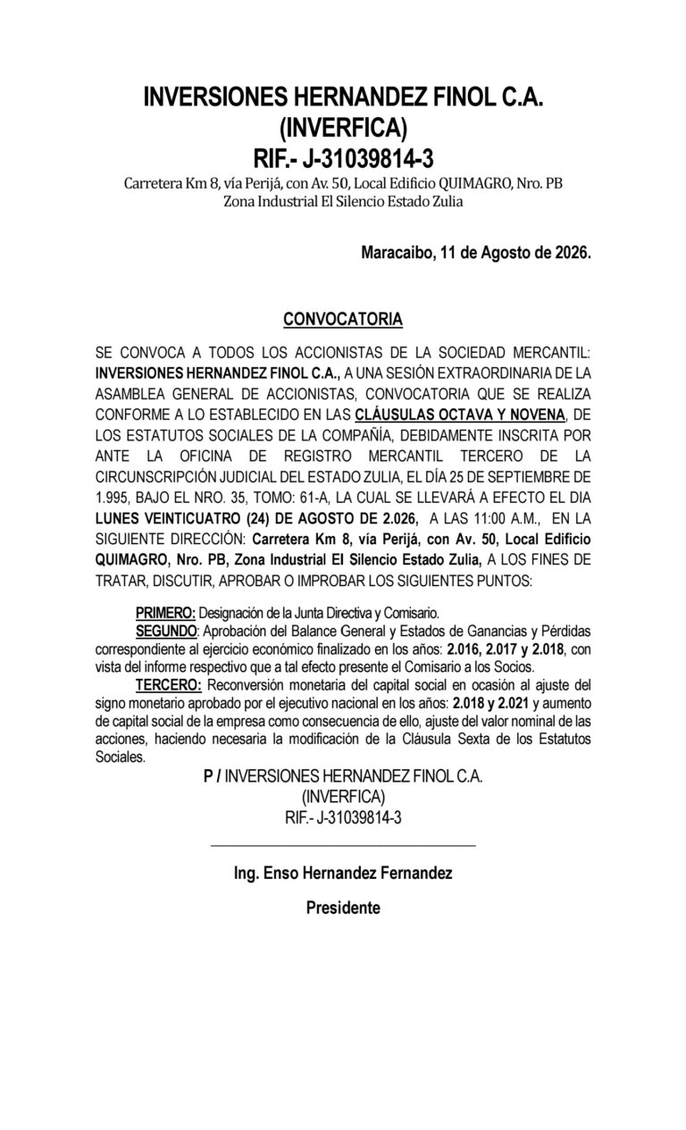 Convocatoria Inversiones Hernández Finol C.A (Inverfica)