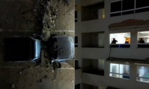 Desprendimiento de cornisa en edificio de El Milagro daña 3 vehículos