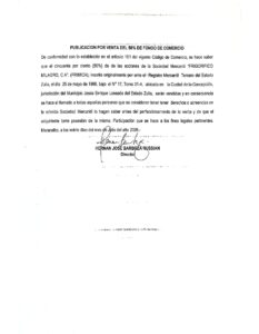 Publicación por Venta del 50% de Acciones Frigorífico Milagro, C.A