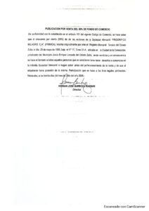 Publicación por Venta del 50% de las Acciones Frigorífico El Milagro, C.A (FRIMICA)