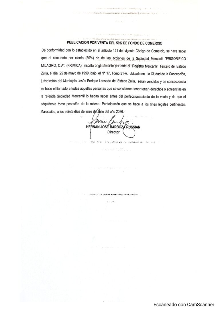Publicación por Venta del 50% de las Acciones Frigorífico El Milagro, C.A (FRIMICA)