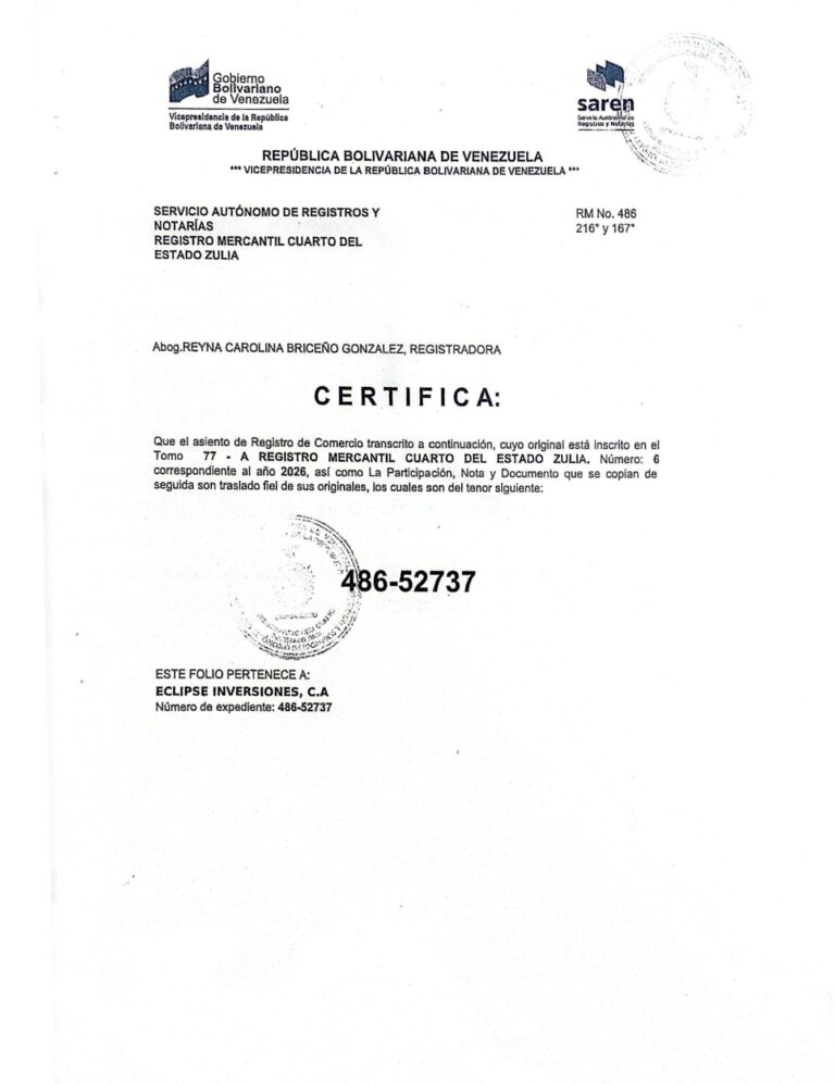 Registro Mercantil Eclipse Inversiones, C.A Expediente Nro 486-52737