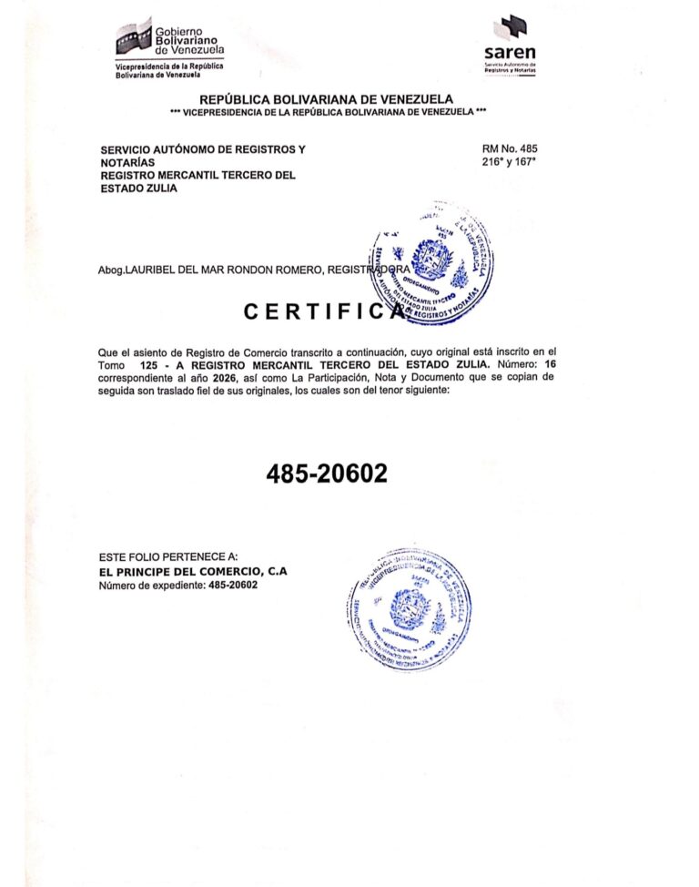 Registro Mercantil El Príncipe del Comercio, C.A Expediente Nro 485-20602