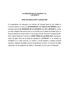 Aviso de Disolución El Bodegón de la Lagunita, C.A Expediente Nro 485-3963