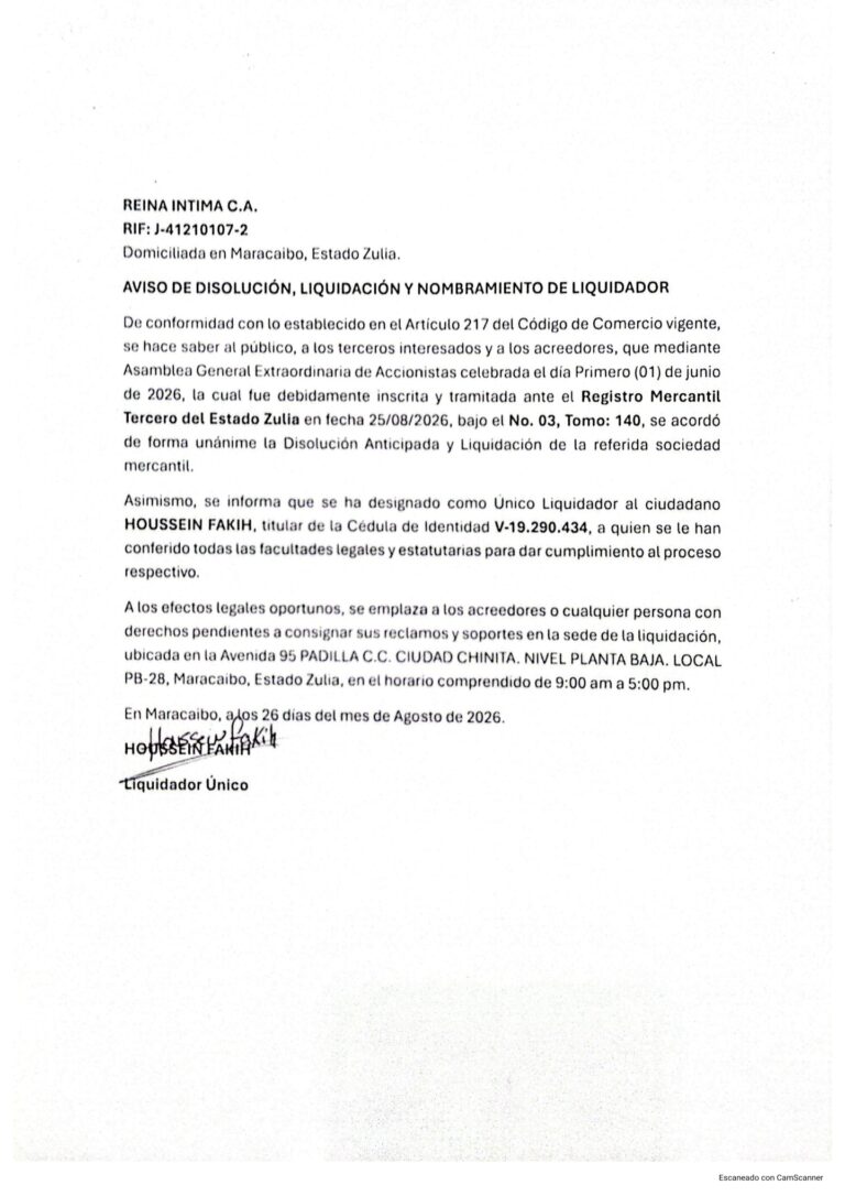 Aviso de Disolución, Liquidación y Nombramiento de Liquidador Reina Íntima, C.A