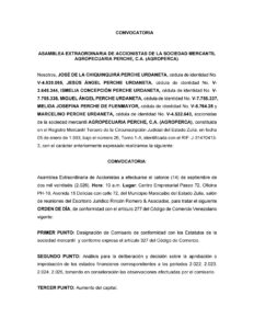 Convocatoria Asamblea Extraordinaria de Accionistas Agropecuaria Perché, C.A (AGROPERCA)