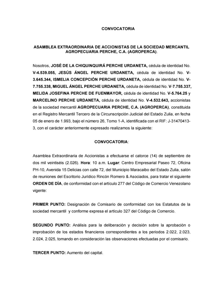 Convocatoria Asamblea Extraordinaria de Accionistas Agropecuaria Perché, C.A (AGROPERCA)