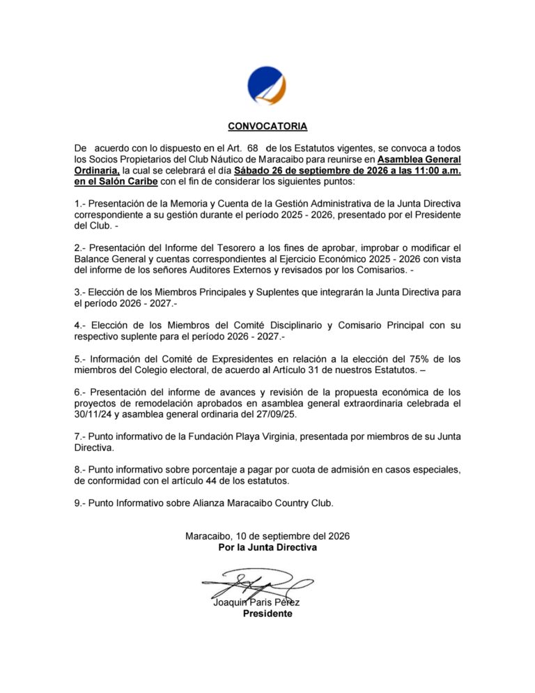 Convocatoria Asamblea General Ordinaria Club Náutico de Maracaibo