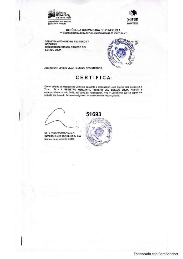 Registro Mercantil Inversiones Isnelmar, C.A Expediente Nro 51693