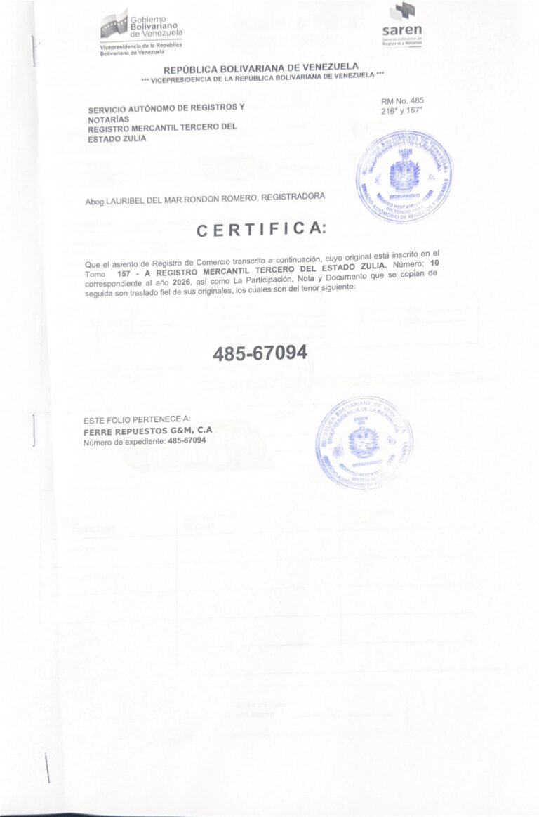 Registro Mercantil Ferre Repuestos G&M, C.A