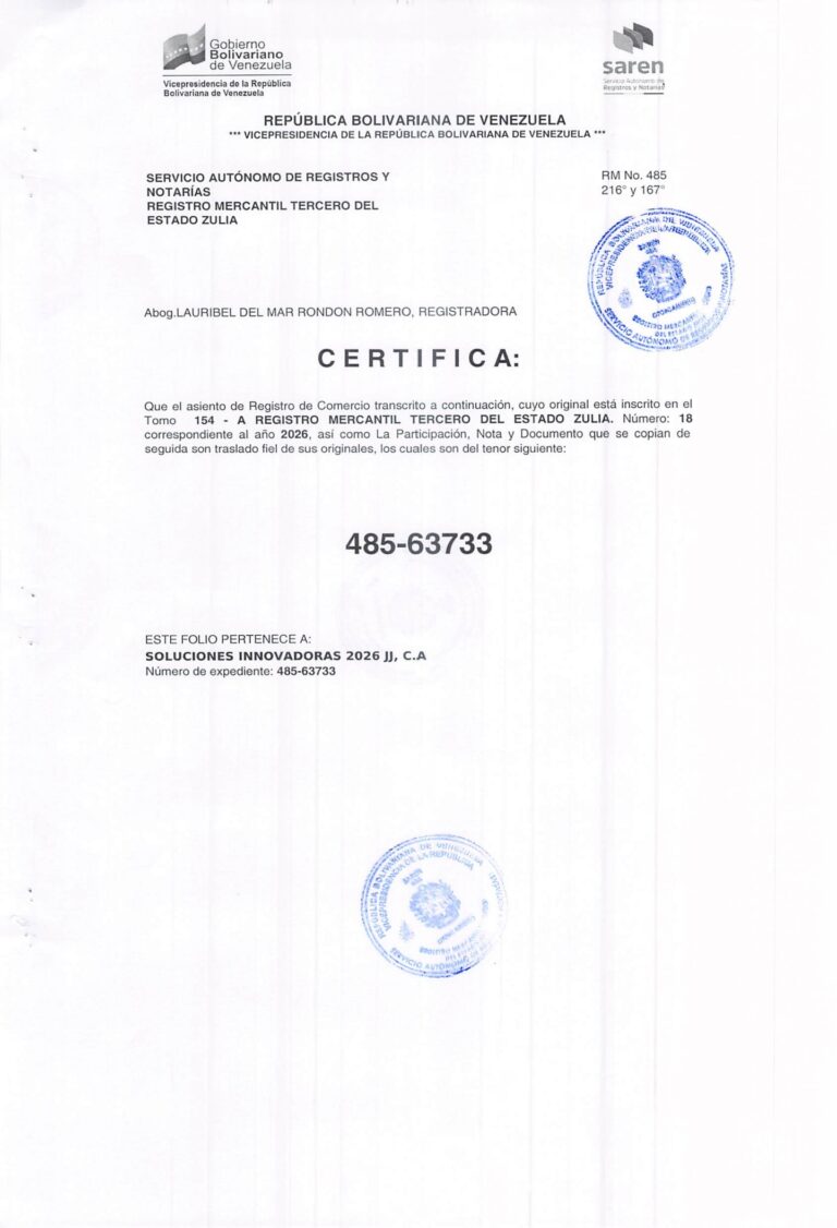 Registro Mercantil Soluciones Innovadoras 2026 JJ, C.A Expediente Nro 485-63733