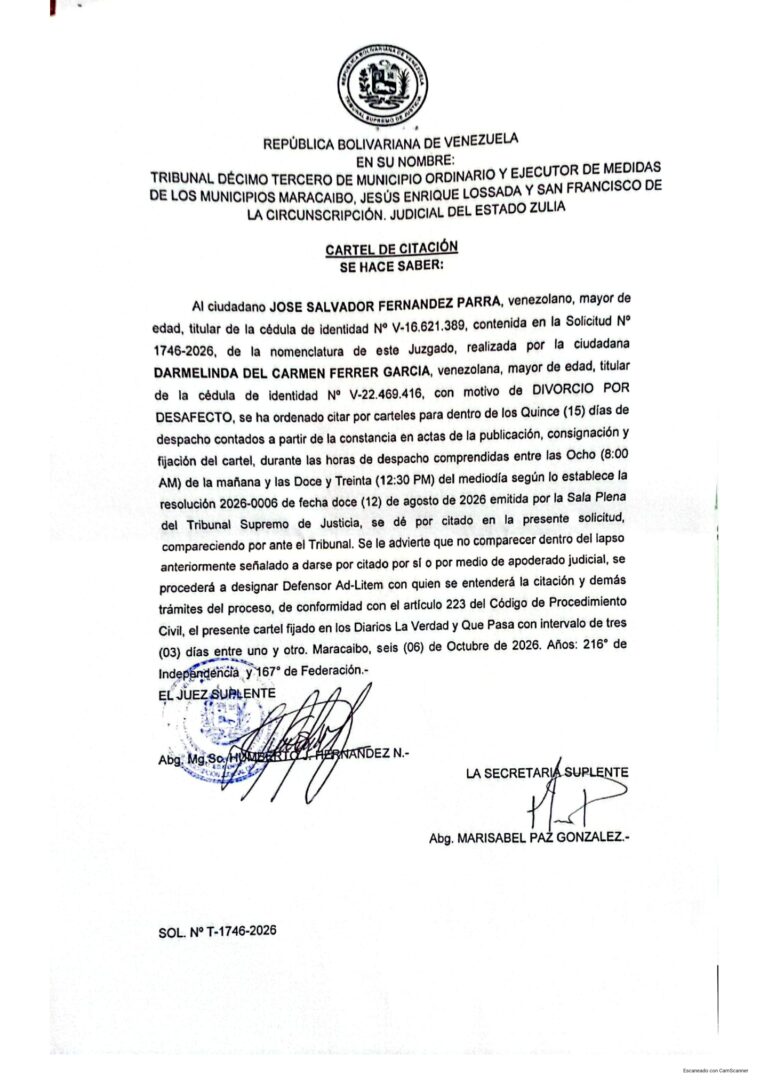 Cartel de Citación Solicitud Nro 1746-2026