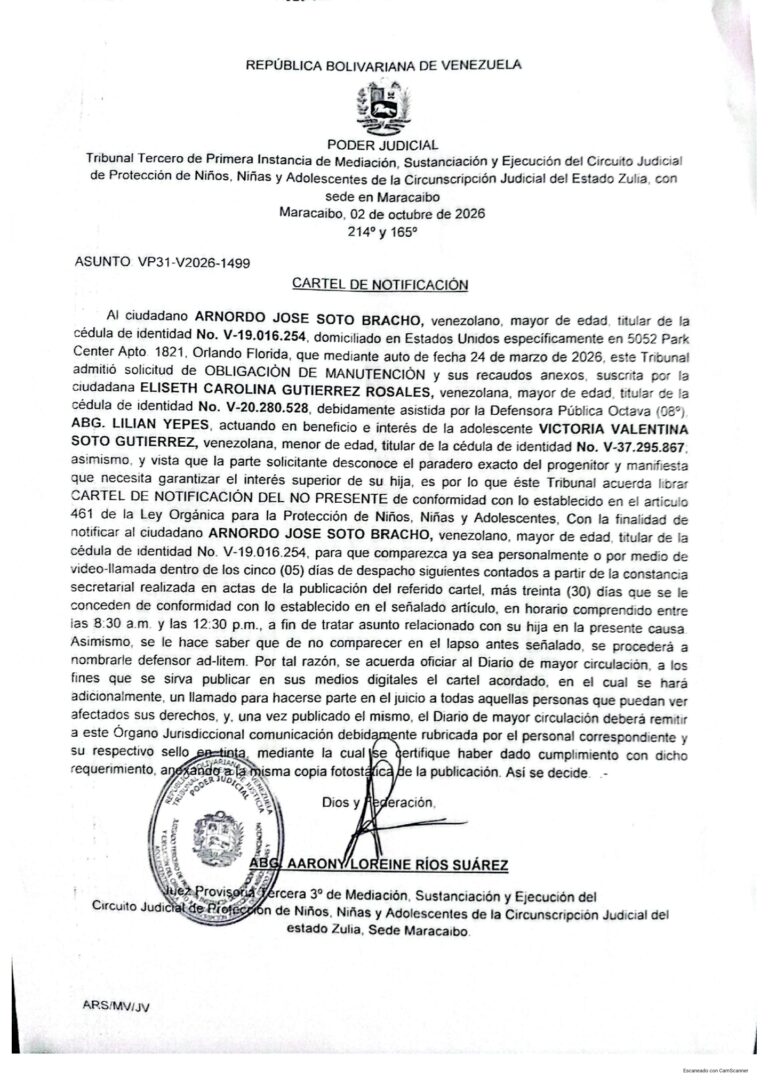 Cartel de Notificación Asunto VP31-V2026-1499