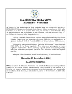Convocatoria Asamblea General Extraordinaria S.A Escuela Bella Vista de Maracaibo