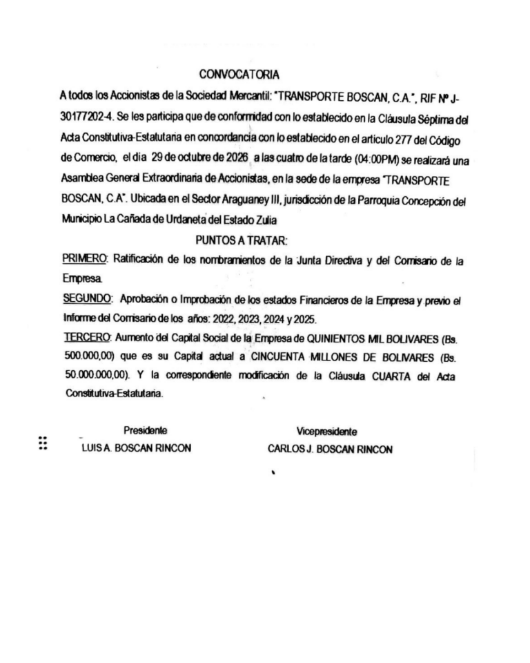 Convocatoria Asamblea General Extraordinaria de Accionistas Transportes Boscan, C.A
