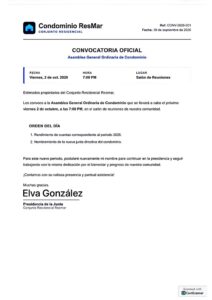 Convocatoria Oficial Asamblea General Ordinaria Condominio ResMar