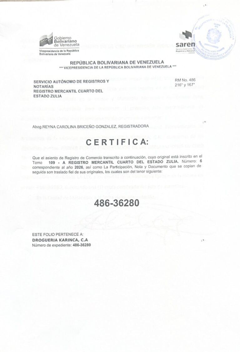Registro Mercantil Droguería Karinca, C.A Expediente Nro 486-36280