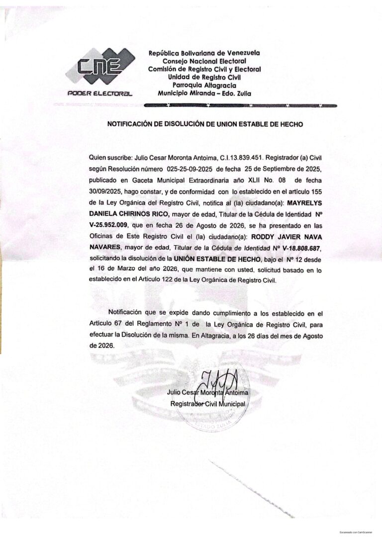 Notificación de Disolución de Unión Estable de Hecho Resolución Nro 025-25-09-2025