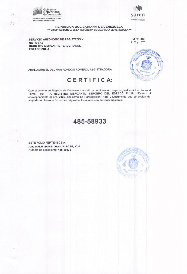 Registro Mercantil Air Solutions Group 2024, C.A Expediente Nro 485-58933
