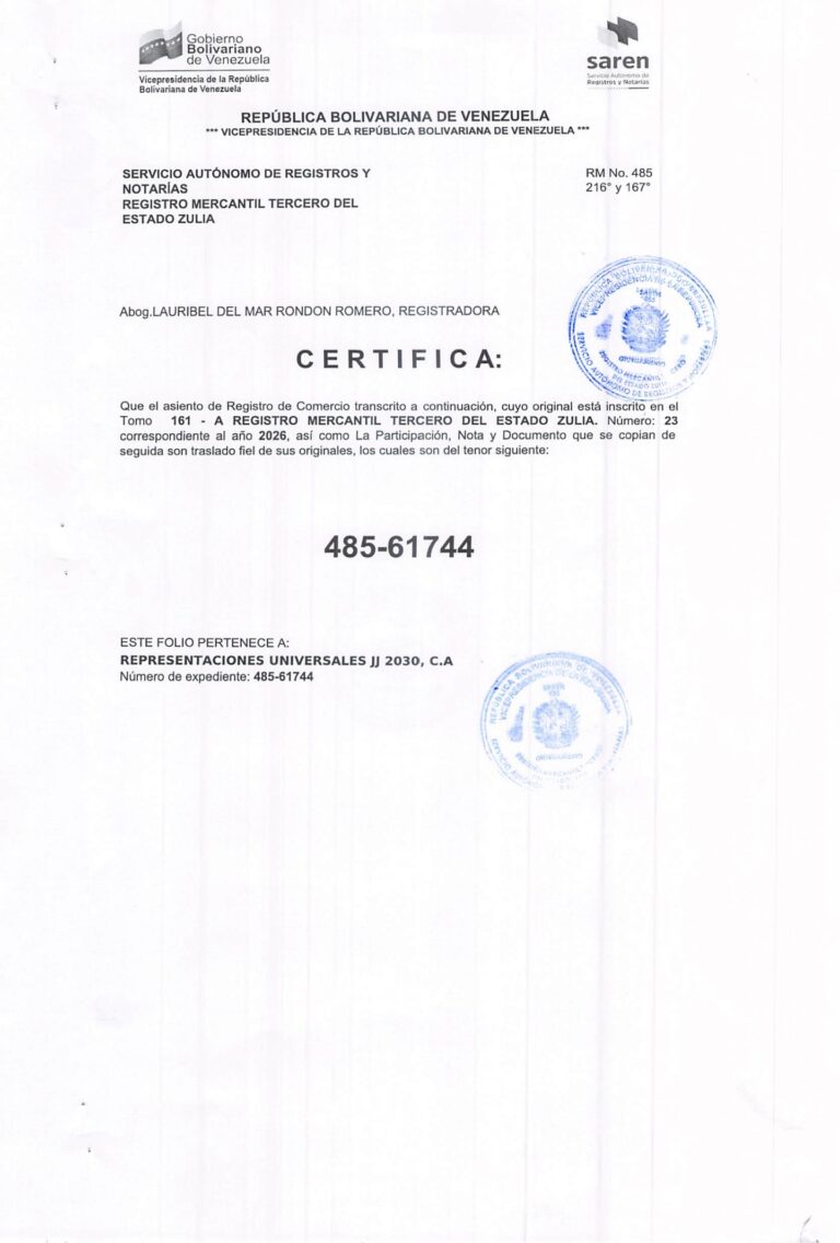 Registro Mercantil Representaciones Universales JJ 2030 C.A Expediente Nro 485-61744