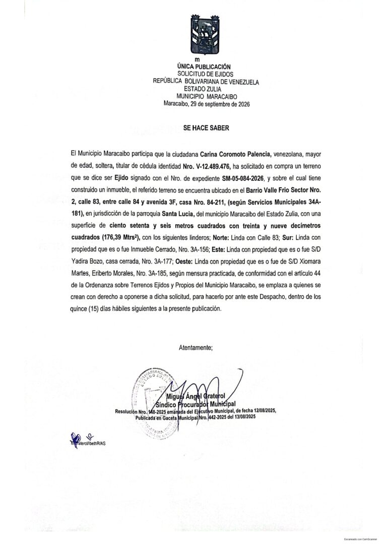 Única Publicación Solicitud de Ejidos Expediente Nro SM-05-084-2026