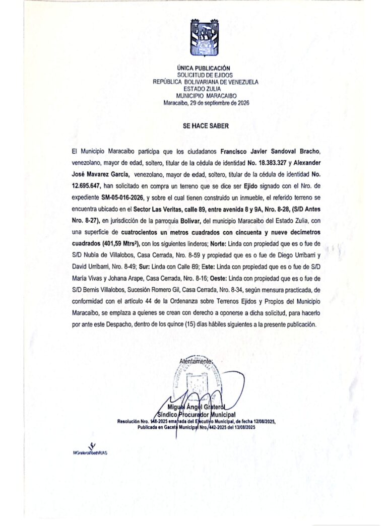 Única publicación Solicitud de Ejidos Expediente SM-05-016-2026